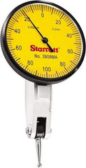 Starrett - 0.2 mm Range, 0.002 mm Dial Graduation, Horizontal Dial Test Indicator - 1-9/16 Inch Yellow Dial, 0-100-0 Dial Reading - All Tool & Supply