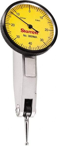 Starrett - 0.8 mm Range, 0.01 mm Dial Graduation, Horizontal Dial Test Indicator - 1-1/4 Inch Yellow Dial, 0-40-0 Dial Reading - All Tool & Supply