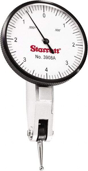 Starrett - 0.008 Inch Range, 0.0001 Inch Dial Graduation, Horizontal Dial Test Indicator - 1-9/16 Inch White Dial, 0-4-0 Dial Reading - All Tool & Supply