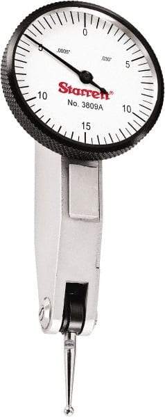 Starrett - 0.03 Inch Range, 0.0005 Inch Dial Graduation, Horizontal Dial Test Indicator - 1-1/4 Inch White Dial, 0-15-0 Dial Reading - All Tool & Supply