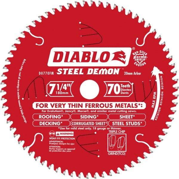 Freud - 7-1/4" Diam, 20mm Arbor Hole Diam, 70 Tooth Wet & Dry Cut Saw Blade - Carbide-Tipped, Burr-Free Action, Standard Round Arbor - All Tool & Supply