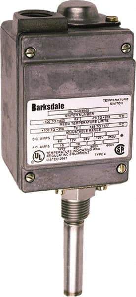 Barksdale - 100 to 350°F Local Mount Temperature Switch - 1/2" NPT, 13/16 x 3-1/8 Rigid Stem, 304 Stainless Steel, ±1% of mid-60% of F.S. - All Tool & Supply