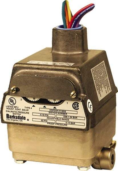 Barksdale - 0.3 to 3 psi Adjustable Range, 10 Max psi, Differential Pressure Switch - 1/8 NPT Female, 18in Free Leads, SPDT Contact, 300SS Wetted Parts, 0.5% Repeatability - All Tool & Supply