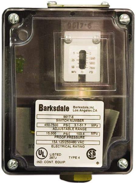 Barksdale - 180 to 3,000 psi Adjustable Range, 10,000 Max psi, Sealed Piston Pressure Switch - 1/4 NPT Female, Screw Terminals, SPDT Contact, Brass Wetted Parts, 2% Repeatability - All Tool & Supply