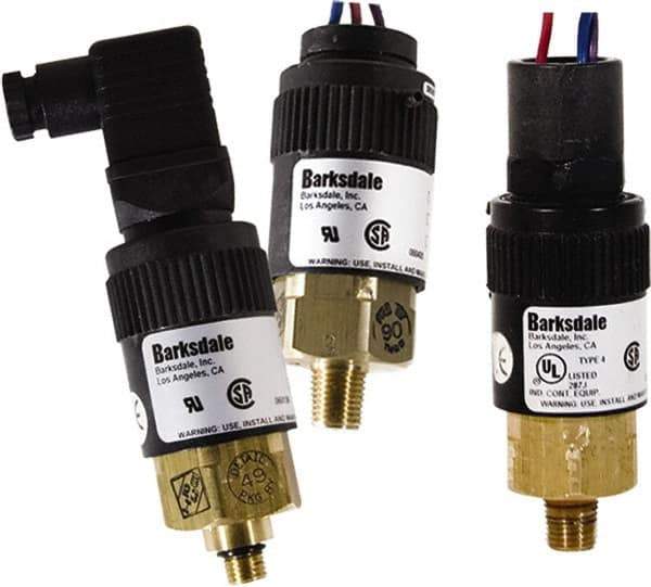 Barksdale - 190 to 600 psi Adjustable Range, 7,000 Max psi, Compact Pressure Switch - 1/4 NPT Male, 12in Free Leads, SPDT Contact, Brass Wetted Parts, 2% Repeatability - All Tool & Supply