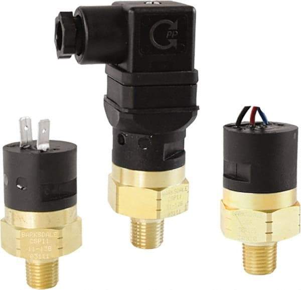 Barksdale - 5 to 30 PSI Adjustable Range, 350 Max psi, Compact Pressure Switch - 1/8 NPT Male, 1/4in Male Spade Terminals, SPST/ NC Contact, Brass Wetted Parts, 3% Repeatability - All Tool & Supply