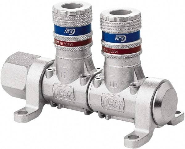 CEJN - 1/2" Inlet, 1/4" Outlet Manifold - 4.4" Long x 2.28" Wide x 2.7" High, 0.245" Mount Hole, 212°F Max, 230 Max PSI, 1 Inlet Port, 2 Outlet Ports - All Tool & Supply