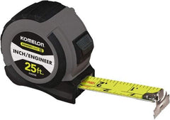 Komelon - 25' x 1-1/16" Yellow Steel Blade Tape Measure - 1/4, 1/8 & 1/16" Graduation, Blue/Gray ABS Plastic Case - All Tool & Supply