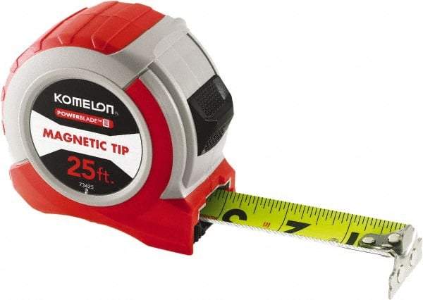 Komelon - 25' x 1-1/16" Yellow Steel Blade Tape Measure - 1/4, 1/8 & 1/16" Graduation, Red ABS Plastic Case - All Tool & Supply