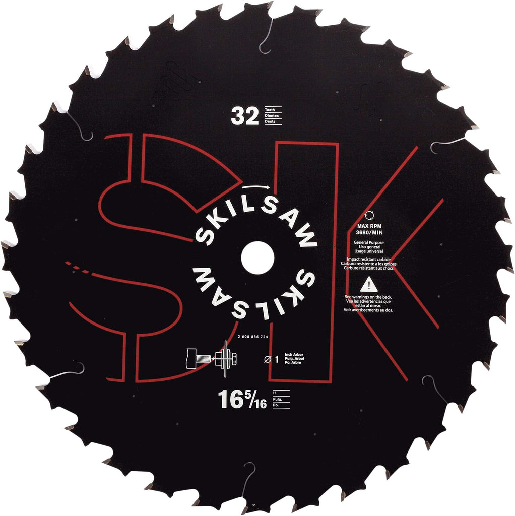 Skilsaw - 16-5/16" Diam, 1" Arbor Hole Diam, 32 Tooth Wet & Dry Cut Saw Blade - Carbide-Tipped, Cutoff Action, Standard Round Arbor - All Tool & Supply