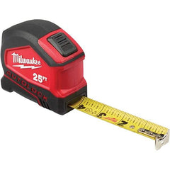 Milwaukee Tool - 25' x 1" Yellow Steel Blade Tape Measure - 1/16" & 1/10' Graduation, Inch Graduation Style, Red/Black Plastic Case - All Tool & Supply