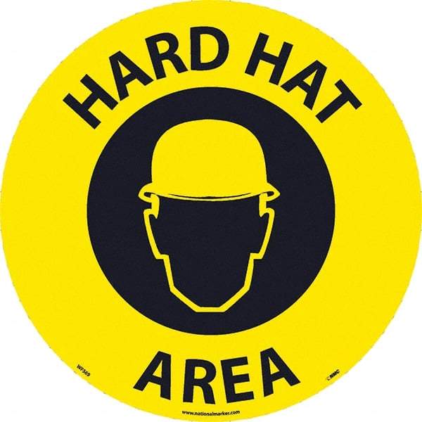 NMC - Hard Hat Area, Anti-Skid Pressure-Sensitive Vinyl Floor Sign - Round, Black on Yellow, Adhesive Backed, For Restroom, Janitorial & Housekeeping - All Tool & Supply