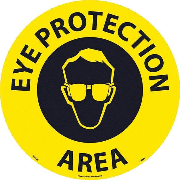 NMC - Eye Protection Area, Anti-Skid Pressure-Sensitive Vinyl Floor Sign - Round, Black on Yellow, Adhesive Backed, For Restroom, Janitorial & Housekeeping - All Tool & Supply