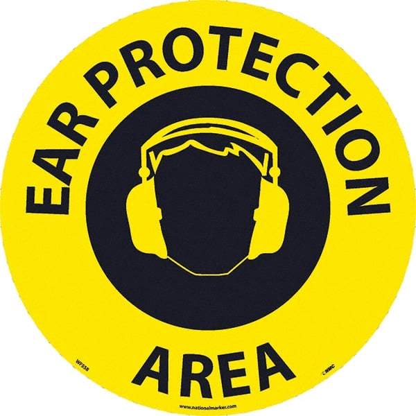 NMC - Ear Protection Area, Anti-Skid Pressure-Sensitive Vinyl Floor Sign - Round, Black on Yellow, Adhesive Backed, For Restroom, Janitorial & Housekeeping - All Tool & Supply