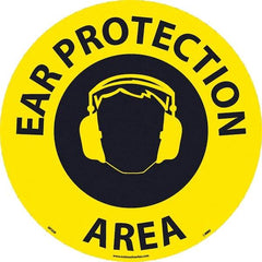 NMC - Ear Protection Area, Anti-Skid Pressure-Sensitive Vinyl Floor Sign - Round, Black on Yellow, Adhesive Backed, For Restroom, Janitorial & Housekeeping - All Tool & Supply