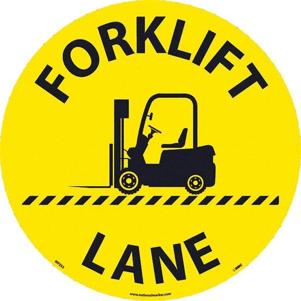 NMC - Forklift Lane, Anti-Skid Pressure-Sensitive Vinyl Floor Sign - Round, Black on Yellow, Adhesive Backed, For Restroom, Janitorial & Housekeeping - All Tool & Supply