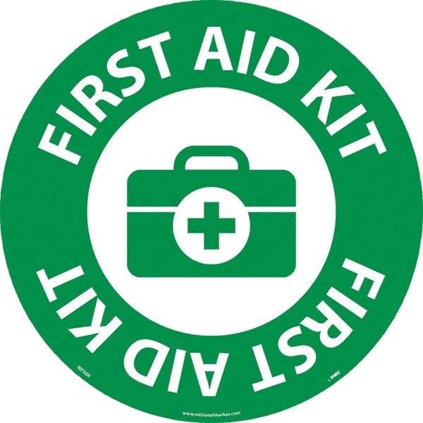 NMC - First Aid Kit, Anti-Skid Pressure-Sensitive Vinyl Floor Sign - Round, White on Green, Adhesive Backed, For Restroom, Janitorial & Housekeeping - All Tool & Supply