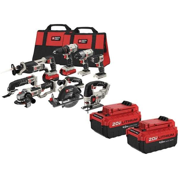 Porter-Cable - 20 Volt Cordless Tool Combination Kit - Includes 1/2" Drill/Driver, 1/4" Impact Driver, 6-1/2" Circular Saw, Reciprocating Tiger Saw, Jig Saw, Oscillating Multi-Tool, Cut-Off Tool, Grinder & Flashlight, Lithium-Ion Battery Included - All Tool & Supply