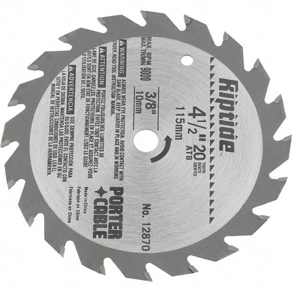 Porter-Cable - 4-1/2" Diam, 3/8" Arbor Hole Diam, 20 Tooth Wet & Dry Cut Saw Blade - Carbide-Tipped, Ripping Action, Standard Round Arbor - All Tool & Supply