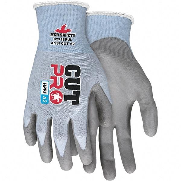 MCR Safety - Size M, ANSI Cut Lvl A2, Polyurethane Coated HPPE Fiber/Stainless Steel Cut Resistant Gloves - Palm & Fingers Coated, HPPE/Stainless Steel Blend Lining, Knit Wrist, Blue, Paired - All Tool & Supply