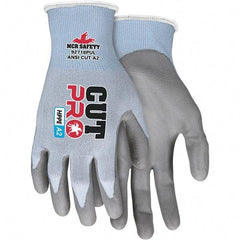 MCR Safety - Size XS, ANSI Cut Lvl A2, Polyurethane Coated HPPE Fiber/Stainless Steel Cut Resistant Gloves - Palm & Fingers Coated, HPPE/Stainless Steel Blend Lining, Knit Wrist, Blue, Paired - All Tool & Supply