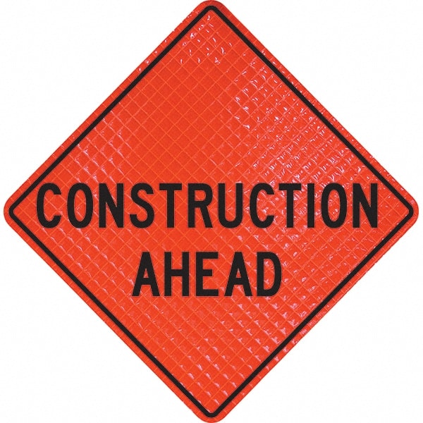 Traffic Control Sign: Triangle, ″Construction Ahead″ Vinyl, Sign Stand Mount, 36″ High