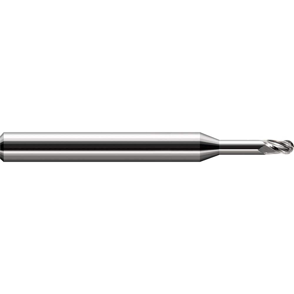 Ball End Mill: 0.118″ LOC, 4 Flute, Solid Carbide 2-1/2″ OAL, 1/8″ Shank Dia, 30 ° Helix, Uncoated