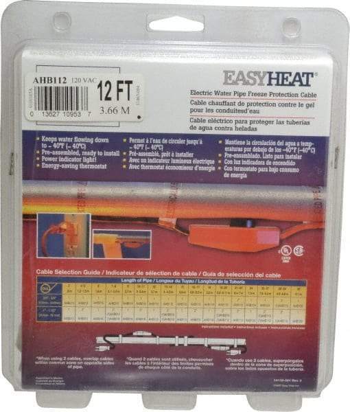 EasyHeat - 12' Long, Preassembled, Fixed Length, Fixed Wattage, Protection Heat Cable - 120 Input Volts, 84 Watts - All Tool & Supply