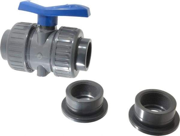 Simtech - 2" Pipe, Full Port, PVC True Union Design Ball Valve - Inline - Two Way Flow, FNPT x FNPT (with Socket Adapter) Ends, Tee Handle, 232 WOG - All Tool & Supply