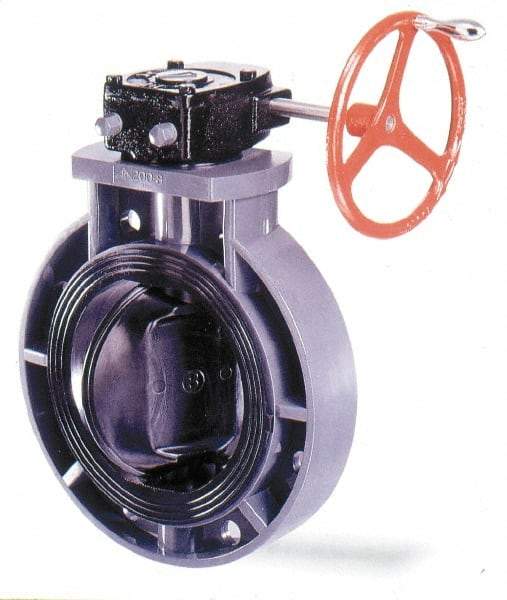 Simtech - 8" Pipe, Wafer Butterfly Valve - Gear Handle, PVC Body, EPDM Seat, 150 WOG, Polypropylene Disc, Stainless Steel Stem - All Tool & Supply