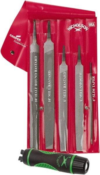 Nicholson - 6 Piece American Pattern File Set - 6", 8", 10" Long, Bastard/Smooth Coarseness, Set Includes Half Round, Mill, Slim Taper - All Tool & Supply