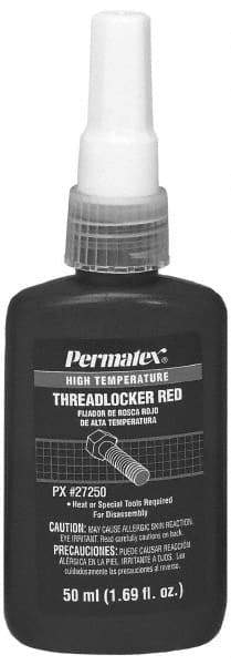 Permatex - 50 mL Bottle, Red, High Strength Liquid Threadlocker - Series 272, 24 hr Full Cure Time, Hand Tool, Heat Removal - All Tool & Supply