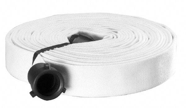 Made in USA - 1-1/2" ID x 1-3/4" OD, 250 Working psi, White Polyester/Rubber Fire Hose, Single Jacket - 1-1/2" NH/NST Ends, 50' Long, -40 to 150°F,750 Burst psi - All Tool & Supply