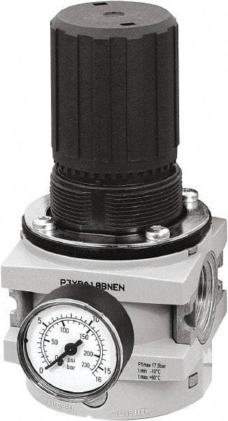 Parker - 1 NPT Port, 550 CFM, Aluminum Hi-Flow Regulator - 0 to 174 psi Range, 254 Max psi Supply Pressure, 1/4" Gauge Port Thread, 3-1/2" Wide x 7.2" High - All Tool & Supply