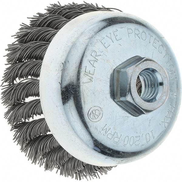 Tru-Maxx - 4" Diam, 5/8-11 Threaded Arbor, Steel Fill Cup Brush - 0.023 Wire Diam, 1-1/4" Trim Length, 10,200 Max RPM - All Tool & Supply