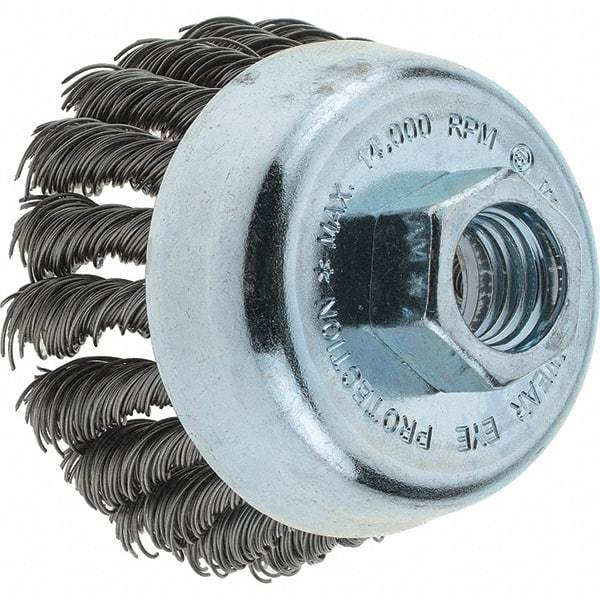 Tru-Maxx - 2-3/4" Diam, 5/8-11 Threaded Arbor, Steel Fill Cup Brush - 0.02 Wire Diam, 1" Trim Length, 14,000 Max RPM - All Tool & Supply