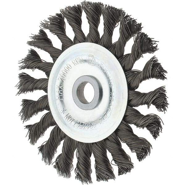 Tru-Maxx - 4" OD, 1/2" Arbor Hole, Knotted Steel Wheel Brush - 5/8" Face Width, 7/8" Trim Length, 0.014" Filament Diam, 20,000 RPM - All Tool & Supply