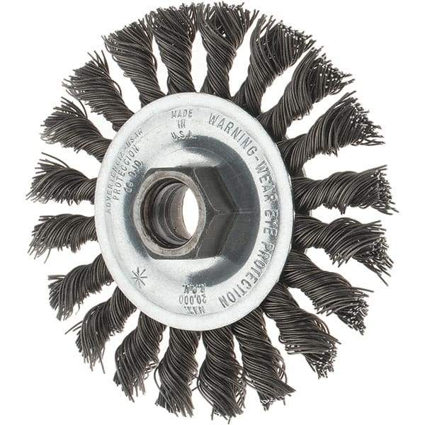 Tru-Maxx - 4" OD, 5/8-11 Arbor Hole, Knotted Steel Wheel Brush - 1/2" Face Width, 7/8" Trim Length, 0.02" Filament Diam, 20,000 RPM - All Tool & Supply