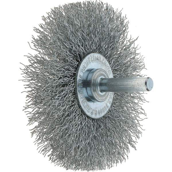 Tru-Maxx - 3" OD, 1/4" Shank Diam, Crimped Steel Wheel Brush - 1/2" Face Width, 13/16" Trim Length, 0.014" Filament Diam, 20,000 RPM - All Tool & Supply