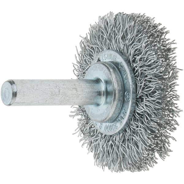 Tru-Maxx - 1-1/2" OD, 1/4" Shank Diam, Crimped Steel Wheel Brush - 1/4" Face Width, 3/8" Trim Length, 0.0118" Filament Diam, 20,000 RPM - All Tool & Supply