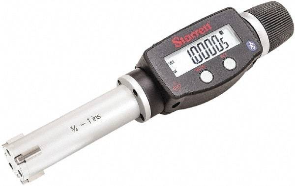 Starrett - 3/4" to 1", IP67, Carbide Face Electronic Inside Micrometer - 0.00005" Resolution, 0.00015" Accuracy, 2-5/8" Gage Depth - All Tool & Supply