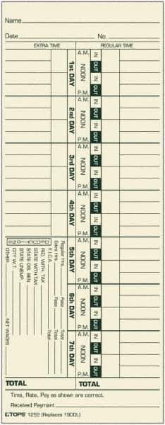 TOPS - 9-39/64" High x 6-5/16" Wide Weekly Time Cards - Use with Acroprint 1900L, Lathem 1900L - All Tool & Supply