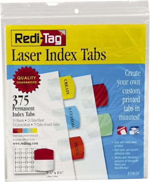 Redi-Tag - 1-1/8 x 1-1/4" 5 Tabs, Self-Adhesive, Self-Adhesive File Folder Tabs - Red, Blue, Mint, Orange, Yellow - All Tool & Supply