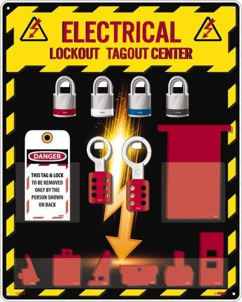 NMC - Equipped Acrylic Electrical Lockout Station - 16" Wide x 20" High x 4" Deep, Red, White, Blue, Black - All Tool & Supply