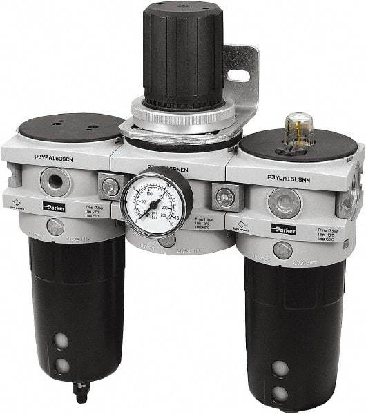 Parker - 3/4" NPT Port Heavy-Duty 3 Piece Filter-Regulator-Lubricator FRL Unit - Polypropylene Bowl, 170 SCFM, 254 Max psi, 13-1/2" High, Manual Drain - All Tool & Supply