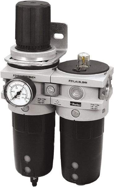 Parker - 3/4" NPT Port Heavy-Duty 2 Piece Filter/Regulator-Lubricator FRL Unit - Polypropylene Bowl, 315 SCFM, 254 Max psi, 13-1/2" High, Manual Drain - All Tool & Supply