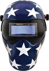 Save Phace - 4-1/4" Window Width x 2" Window Height, 4, 9 to 13 Shade Auto-Darkening Lens, Fixed Front Welding Helmet - Red/White/Blue, Nylon Green Lens - All Tool & Supply