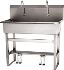 SANI-LAV - 37" Long x 16-1/2" Wide Inside, 1 Compartment, Grade 304 Stainless Steel (3) Person Wash-Station with Double Foot Valves - 16 Gauge, 40" Long x 20" Wide x 45" High Outside, 8" Deep - All Tool & Supply