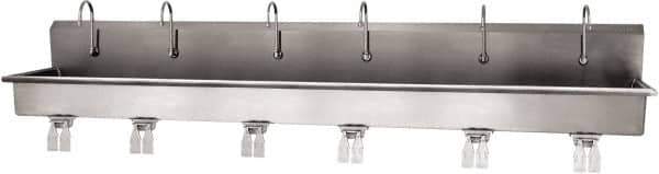 SANI-LAV - 117" Long x 16-1/2" Wide Inside, 1 Compartment, Grade 304 Stainless Steel (6) Person Wash-Station with Double Foot Valves - 16 Gauge, 120" Long x 20" Wide x 18" High Outside, 8" Deep - All Tool & Supply