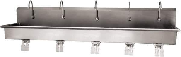 SANI-LAV - 97" Long x 16-1/2" Wide Inside, 1 Compartment, Grade 304 Stainless Steel (5) Person Wash-Station with Double Foot Valves - 16 Gauge, 100" Long x 20" Wide x 18" High Outside, 8" Deep - All Tool & Supply